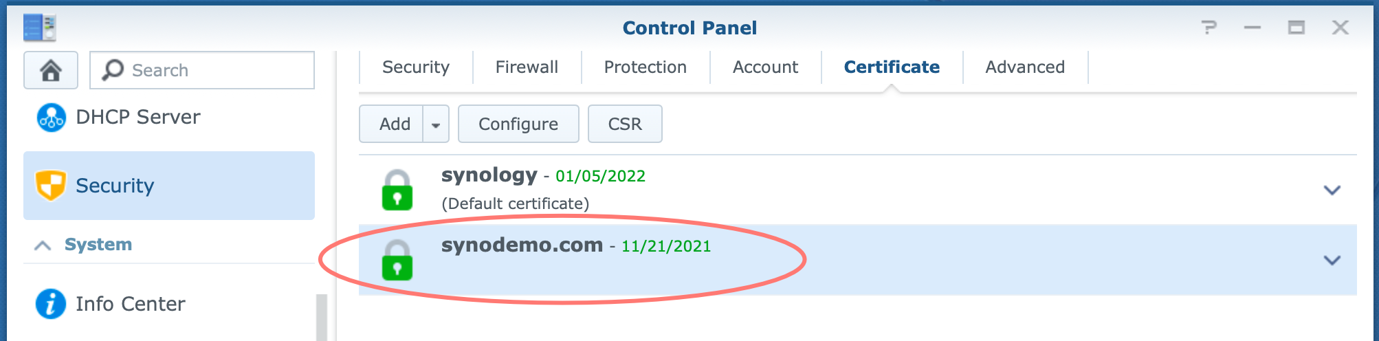 synology, control panel, certificate