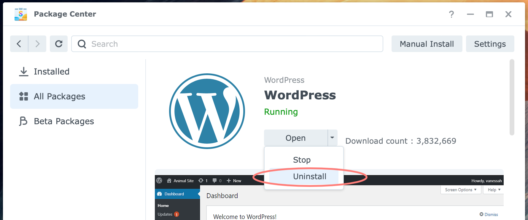 synology, package center, wordpress, uninstall, dsm7