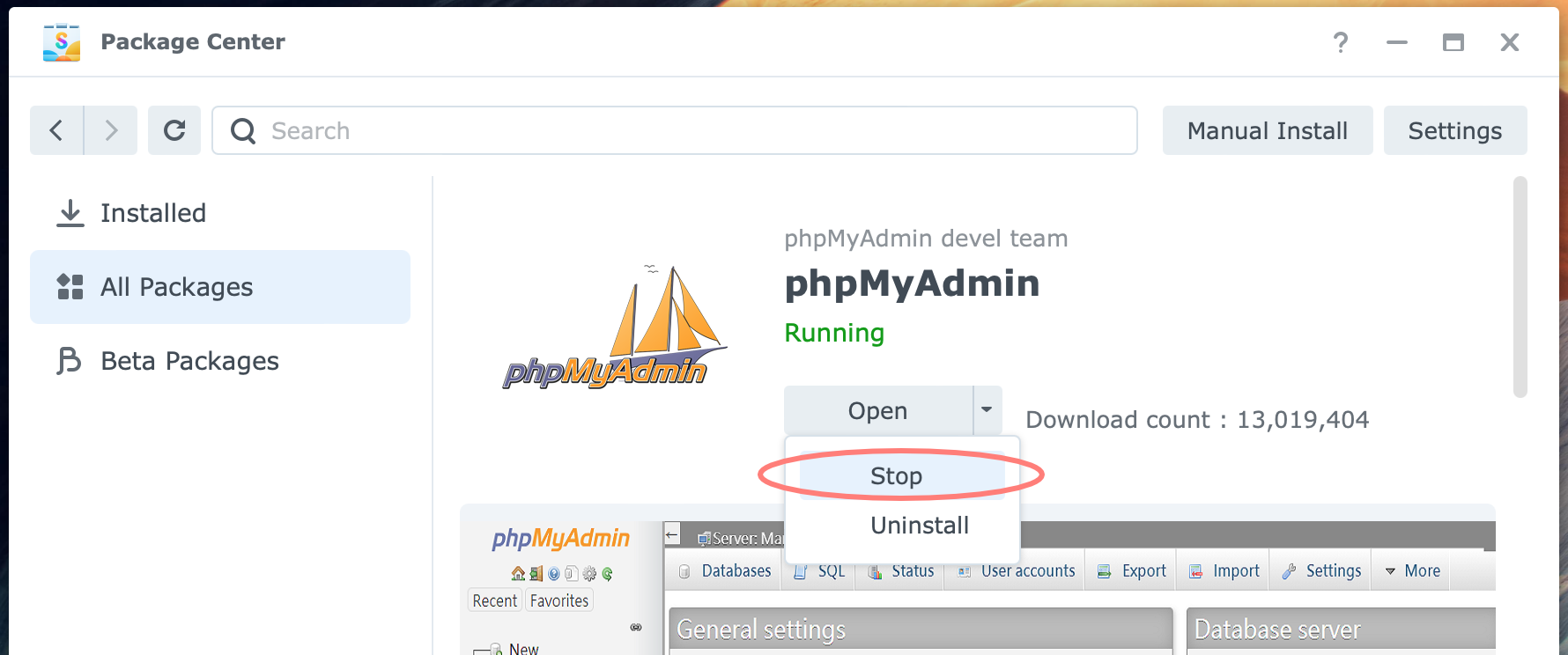 synology, package center, phpmyadmin, stop, dsm7