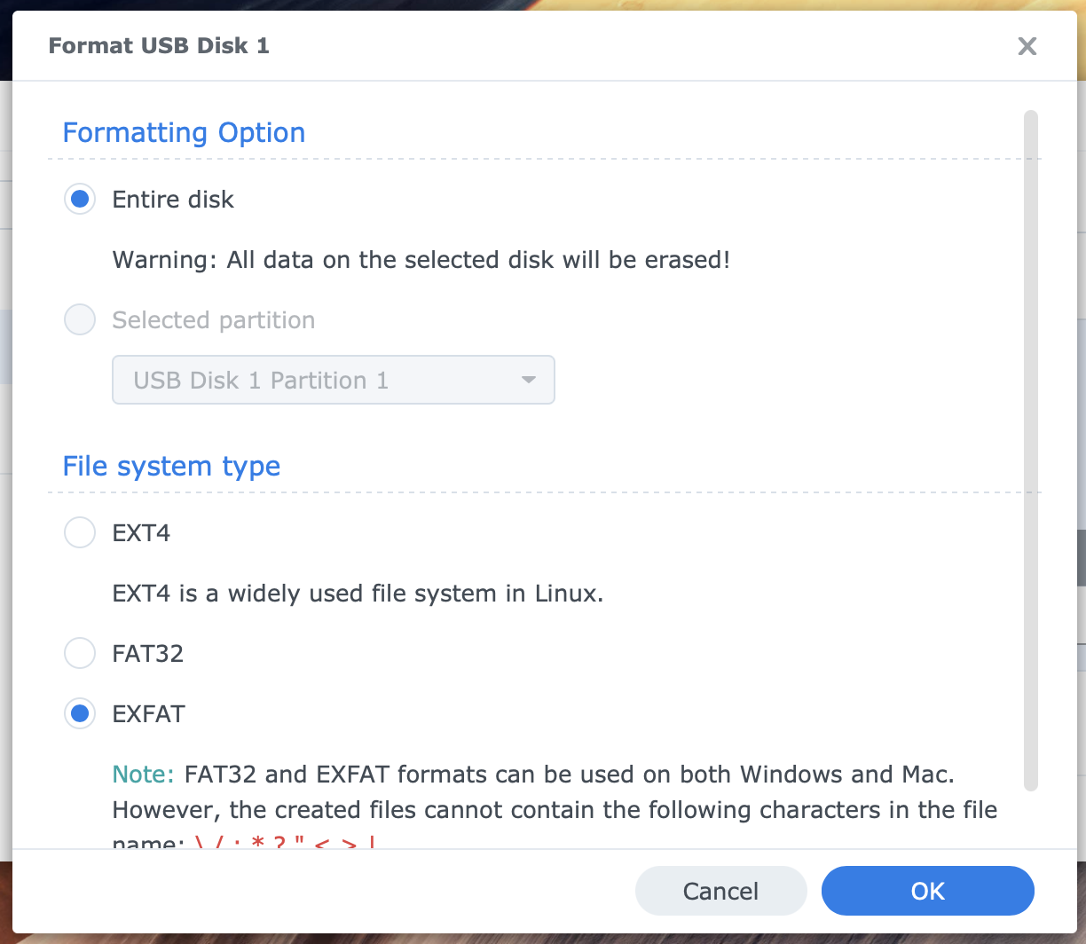 synology, control panel, external devices, format, dsm7