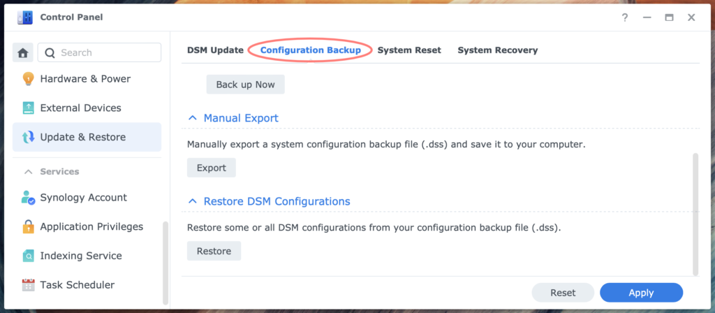 synology, control panel, update & restore, configuration backup, dsm7