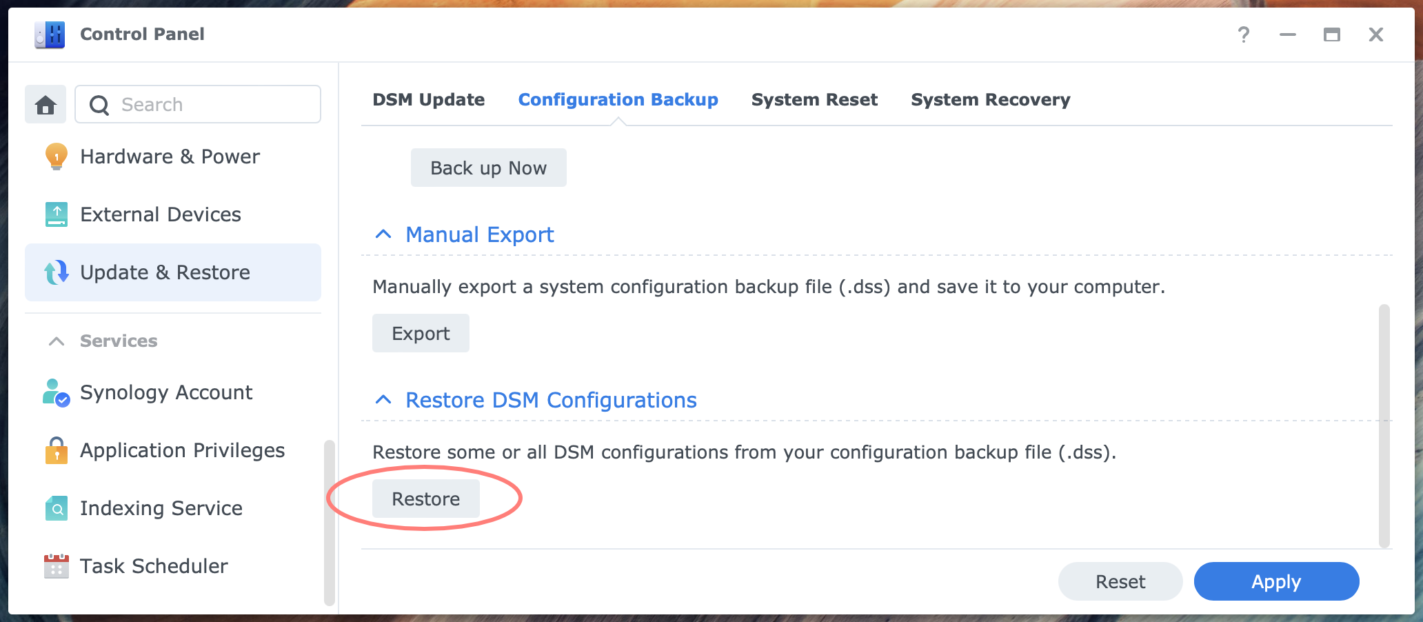 synology, control panel, update & restore, configuration backup, restore, dsm7