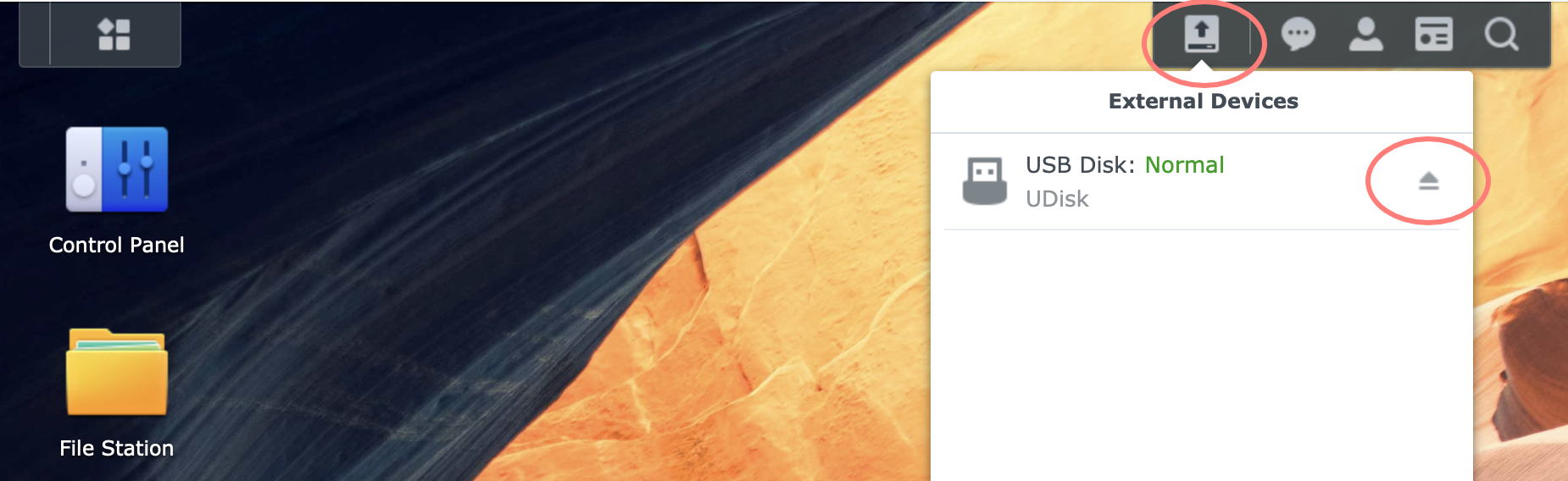 synology, dsm desktop, external devices, eject, dsm7, Using USB Disk With Synology NAS