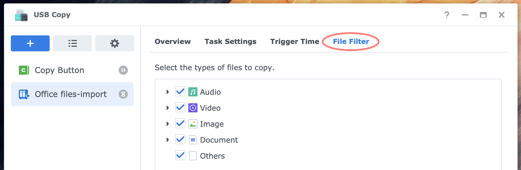 synology, usb copy, file filter, dsm7