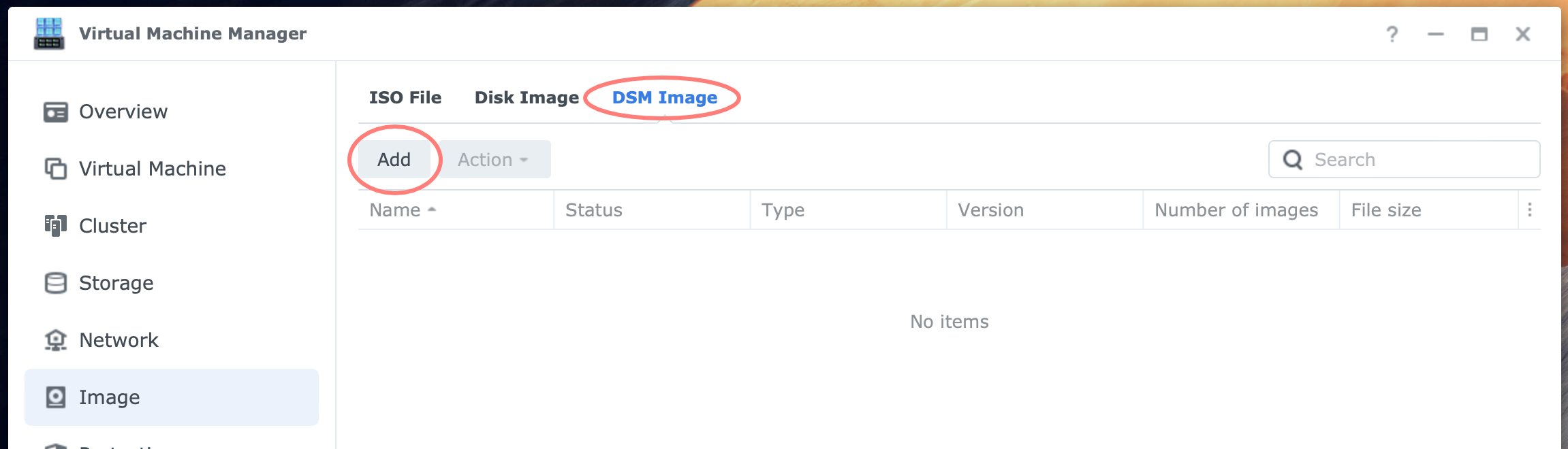 synology, virtual machine manager, image page, dsm image tab, dsm7, installing virtual dsm