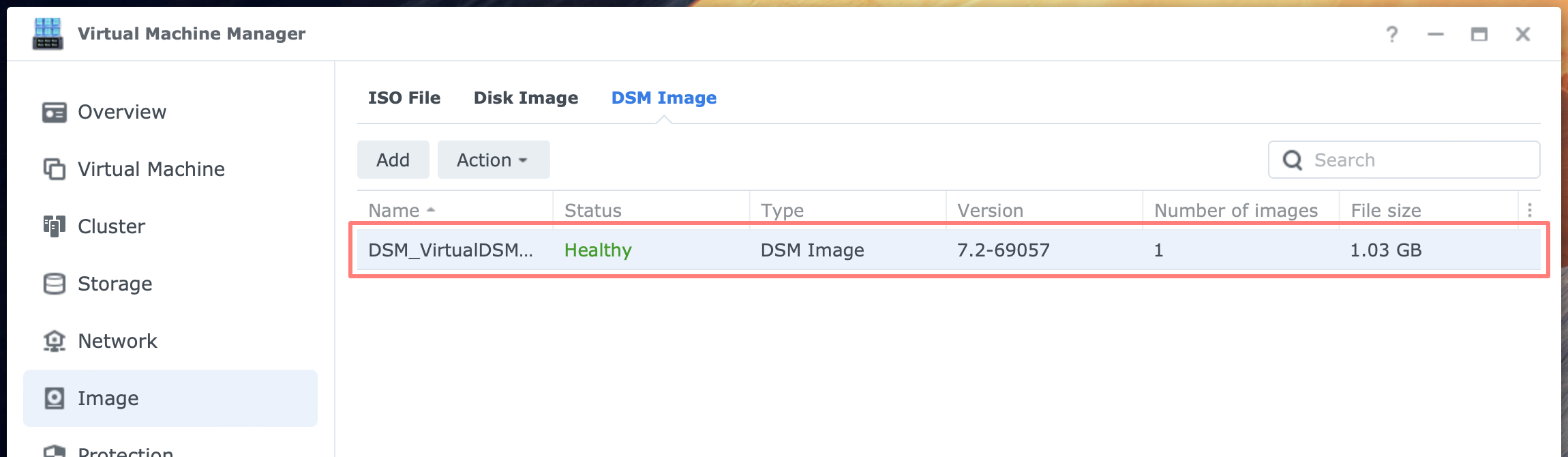 synology, virtual machine manager, image page, dsm image tab, dsm7