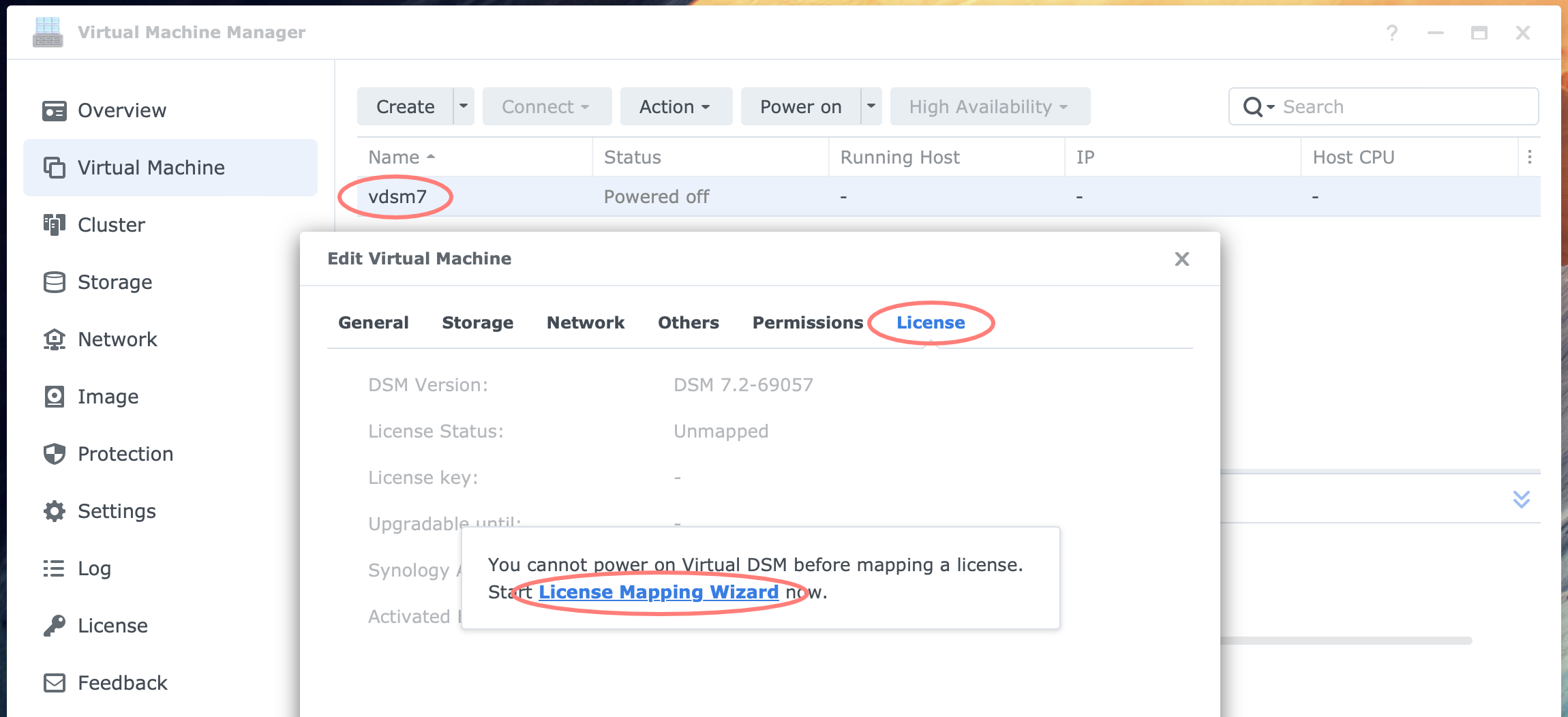 synology, virtual machine manager, virtual machine page, edit, license, dsm7