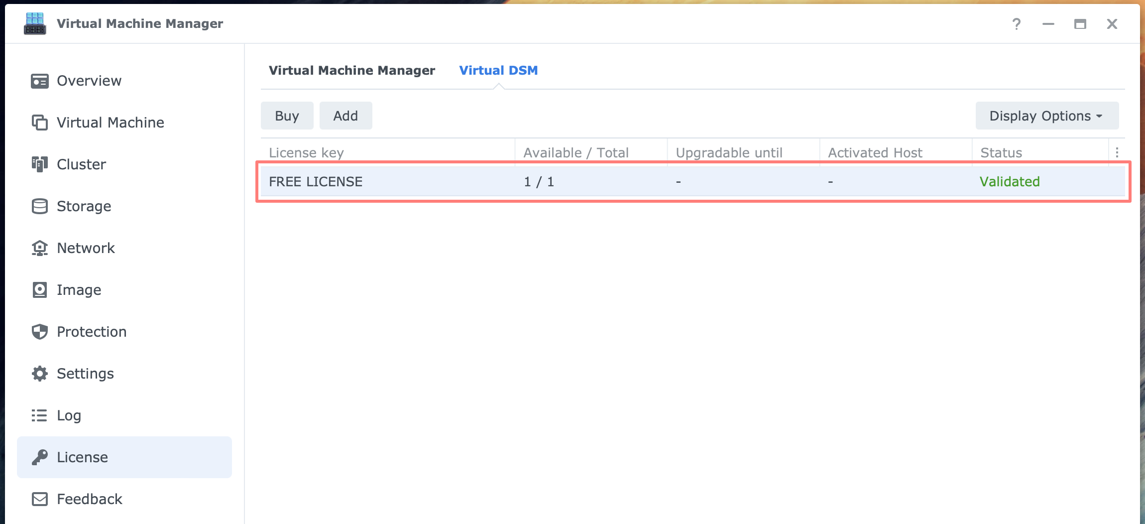 synology, virtual machine manager, license page, dsm7