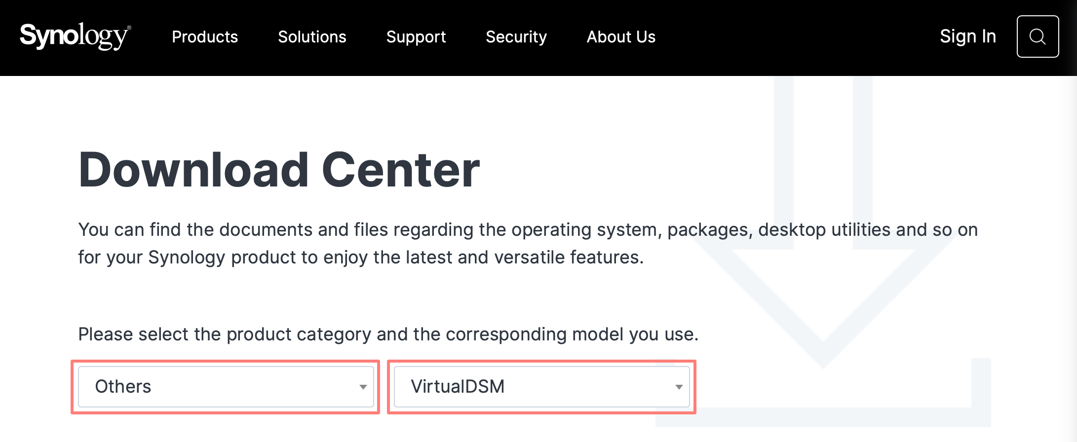 synology website, download center, virtualdsm