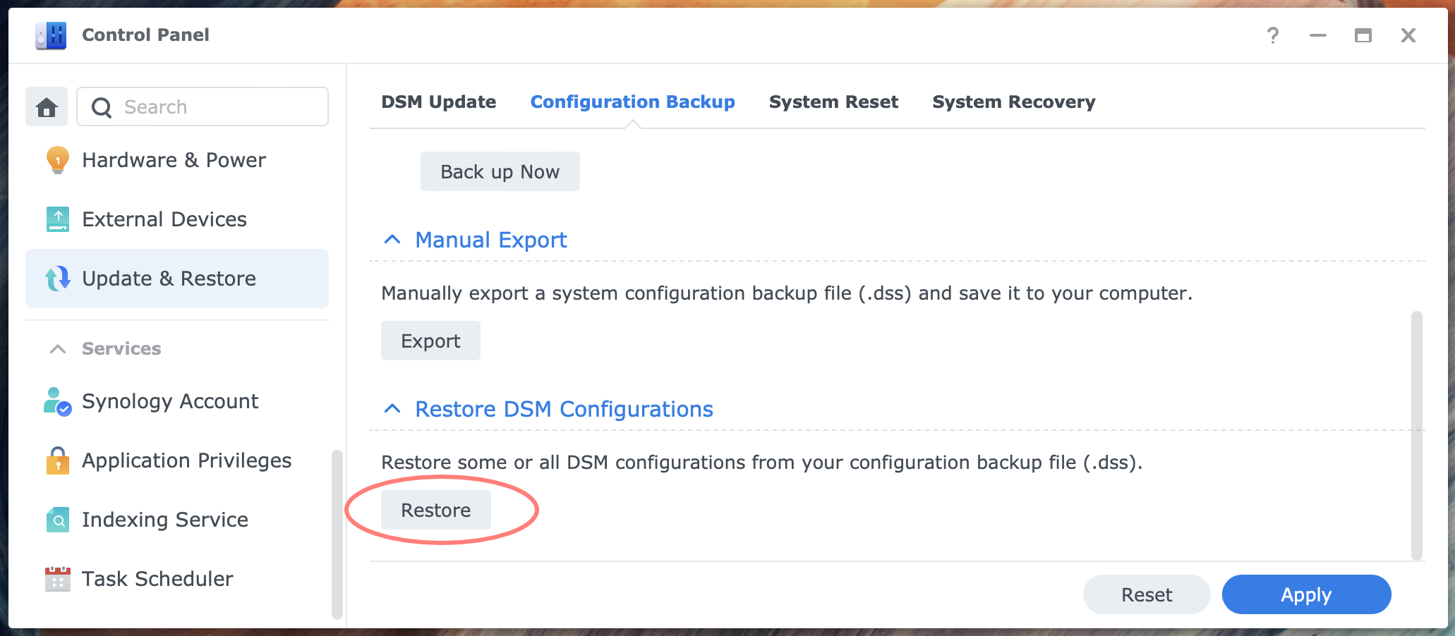 synology, control panel, update & restore, configuration backup, dsm7