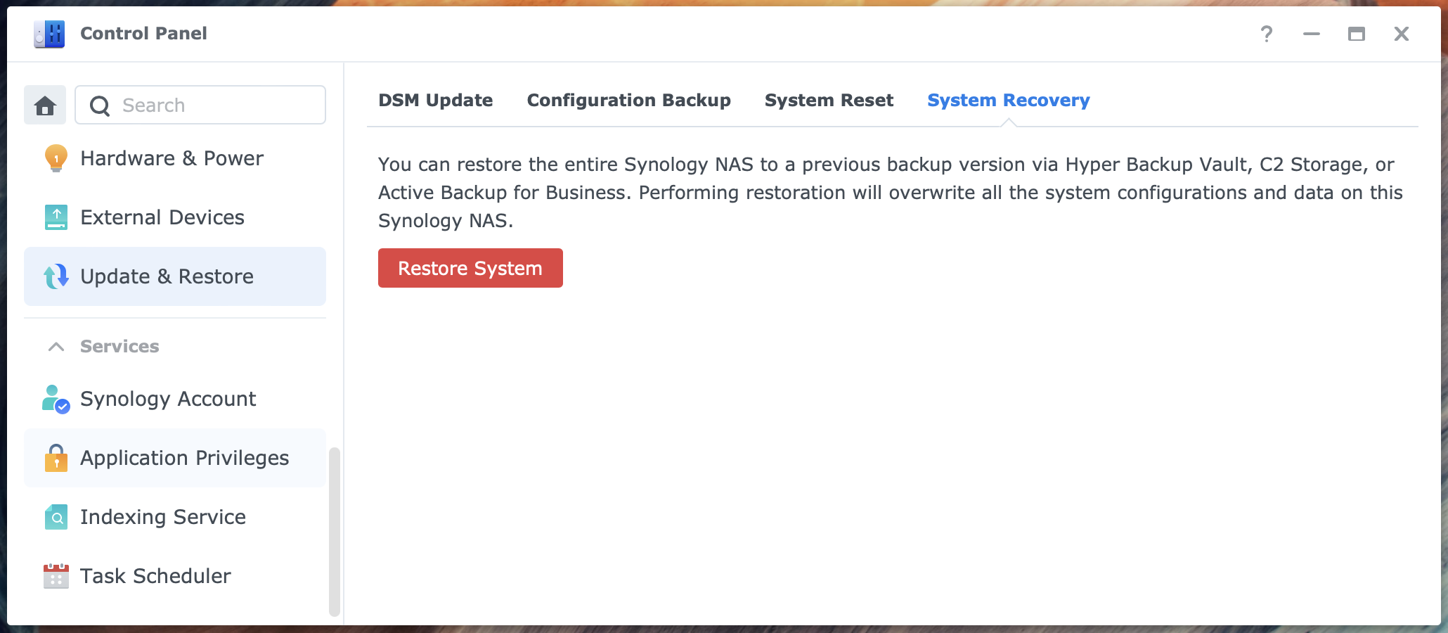 synology, control panel, update & restore, system recovery, dsm7