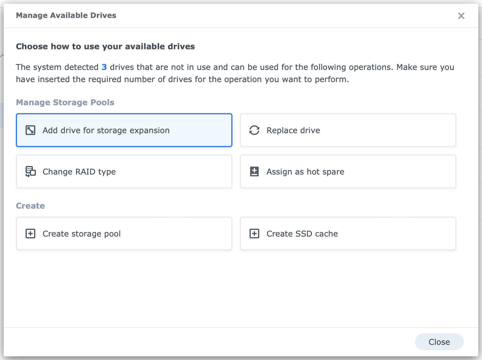 synology, storage manager, manage available drives, dsm7