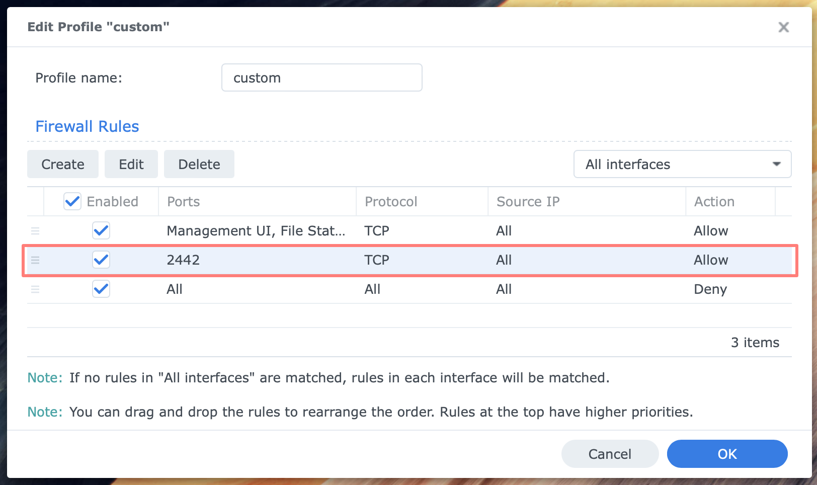 synology, control panel, firewall, custom port, dsm7