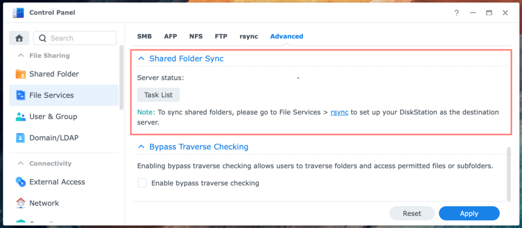 synology, control panel, file services, advanced, shared folder sync, dsm7