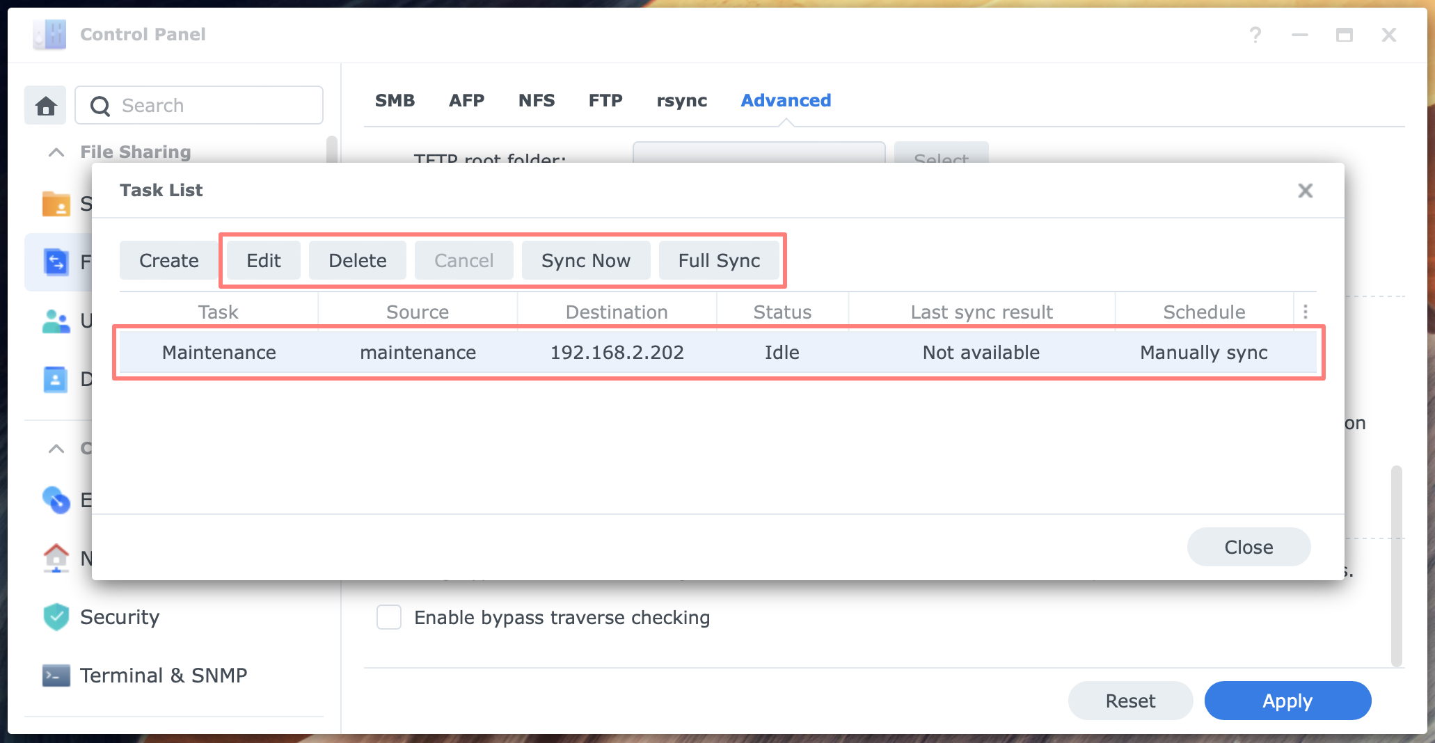 synology, control panel, file services, advanced, shared folder sync, task list, dsm7