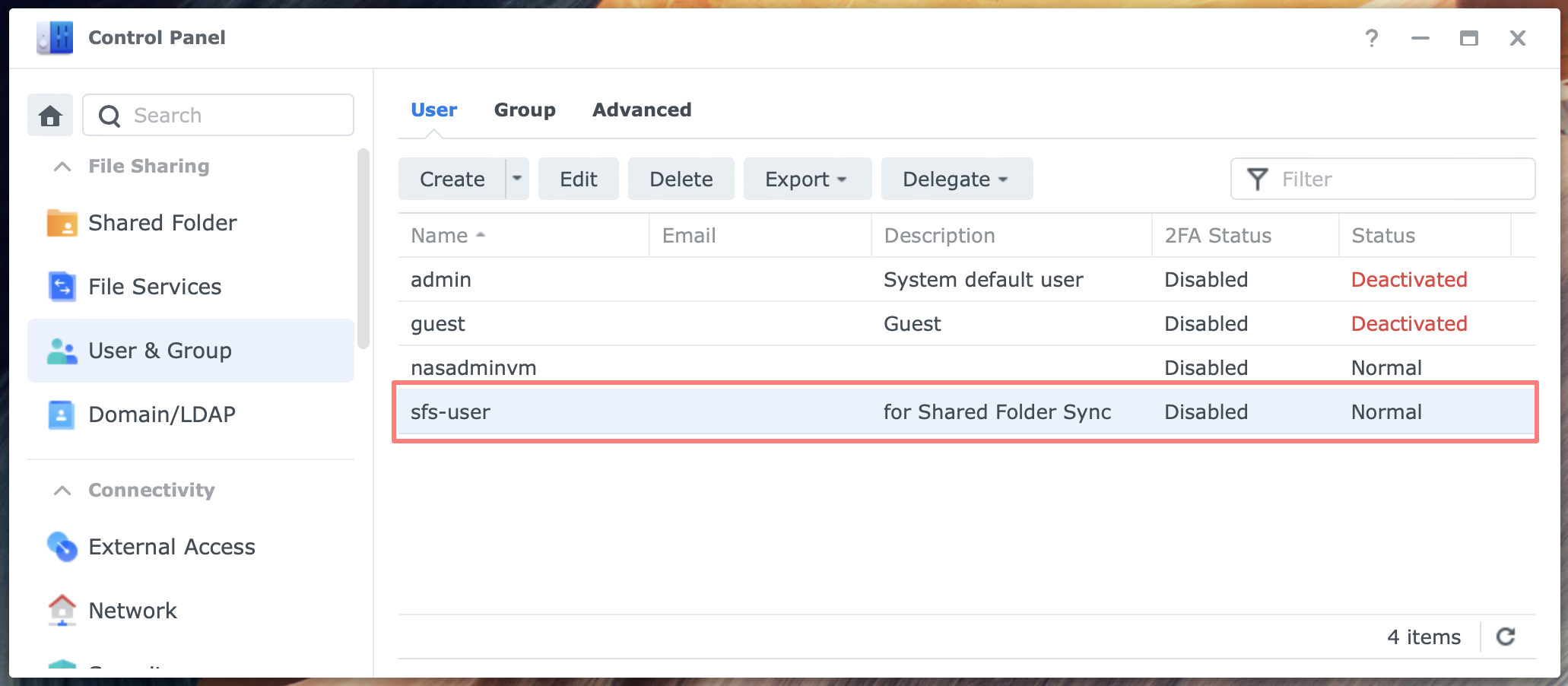 synology, control panel, users, sfs-user, dsm7