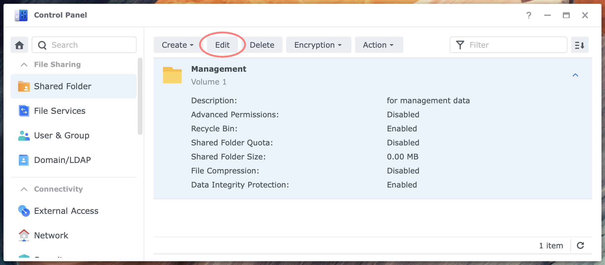 synology, control center, shared folder, edit, dsm7