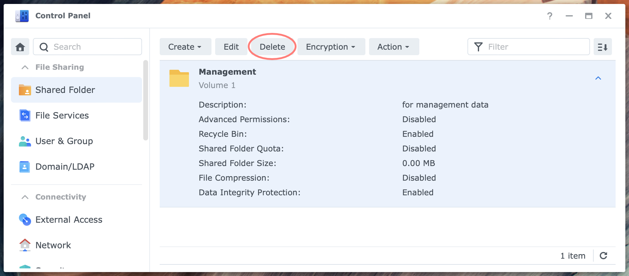 synology, control center, shared folder, delete, dsm7