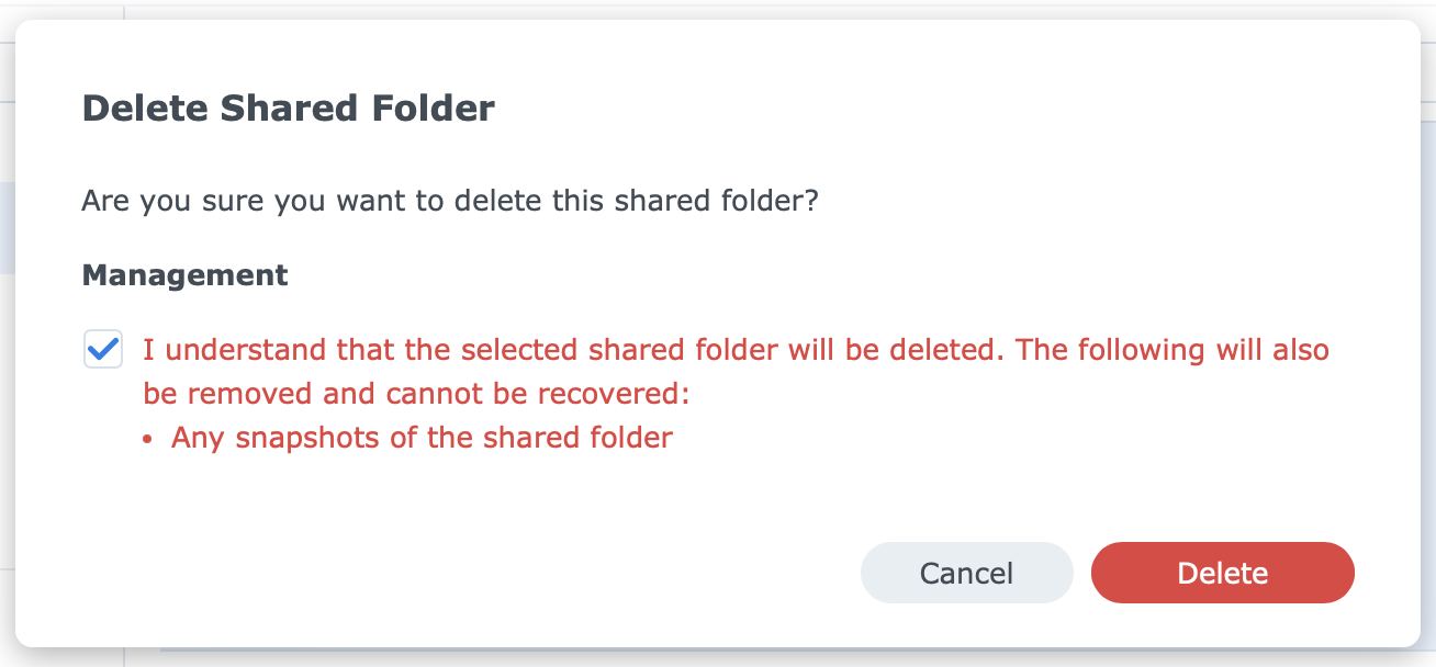 synology, control center, shared folder, delete, dsm7