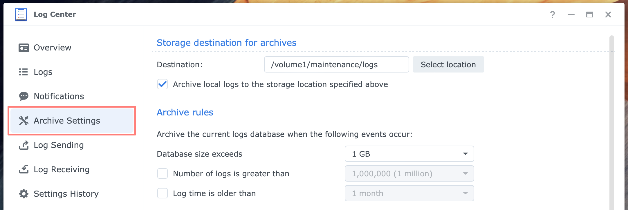 synology, log center, archive settings, dsm7