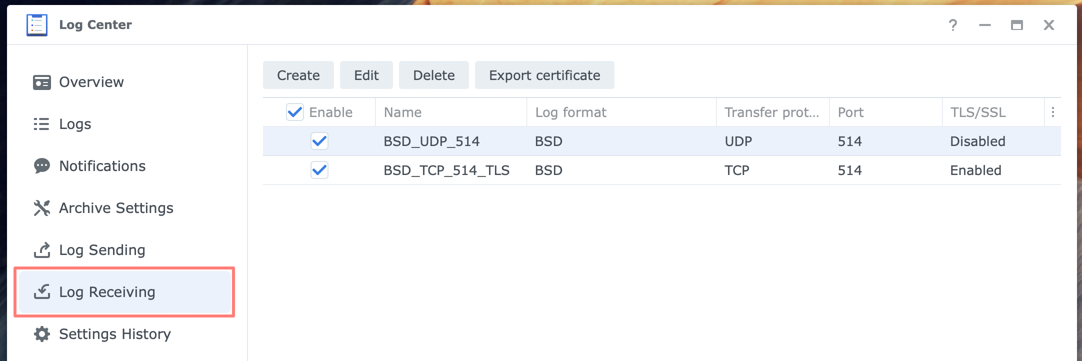 synology, log center, log receiving, dsm7