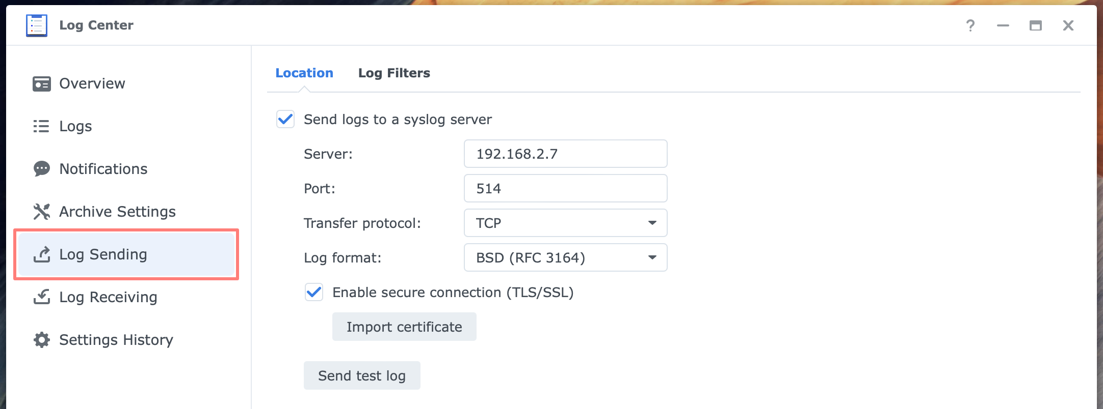 synology, log center, log sending, dsm7