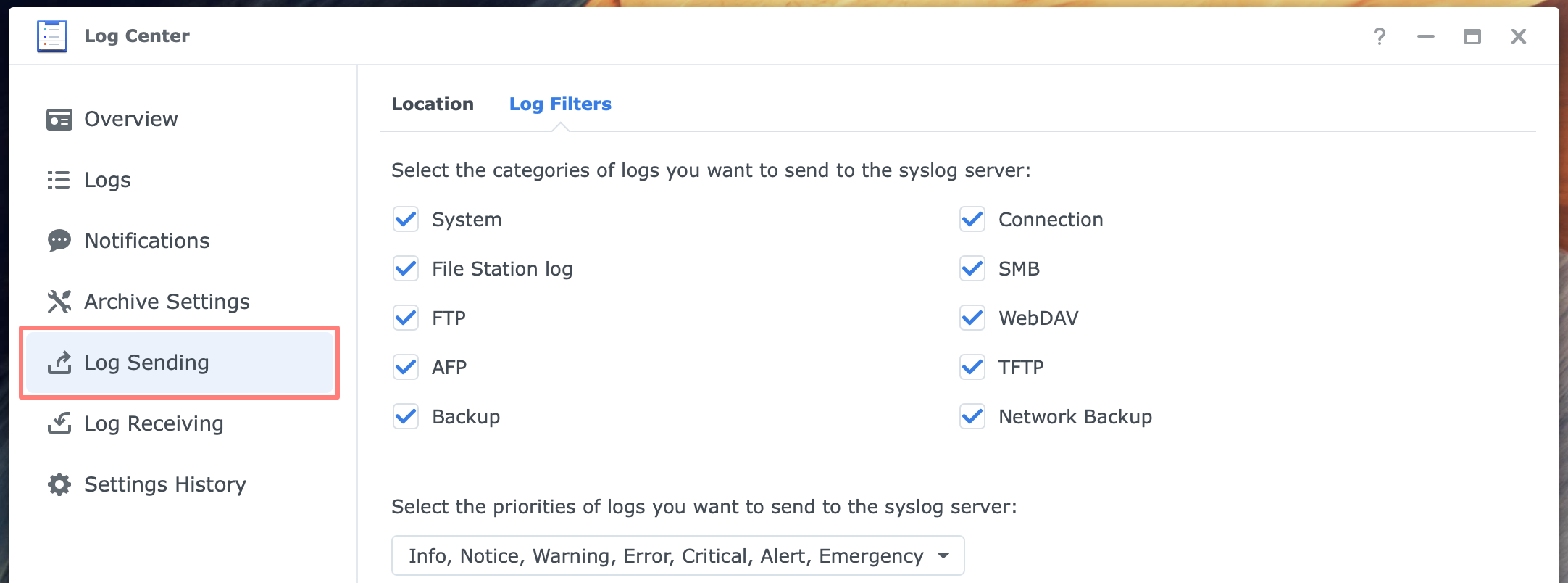 synology, log center, log sending, log filters, dsm7