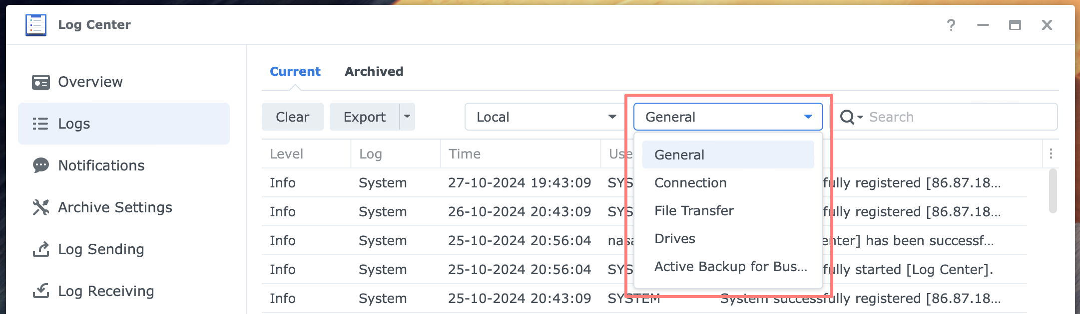 synology, log center, logs, advanced, dsm7