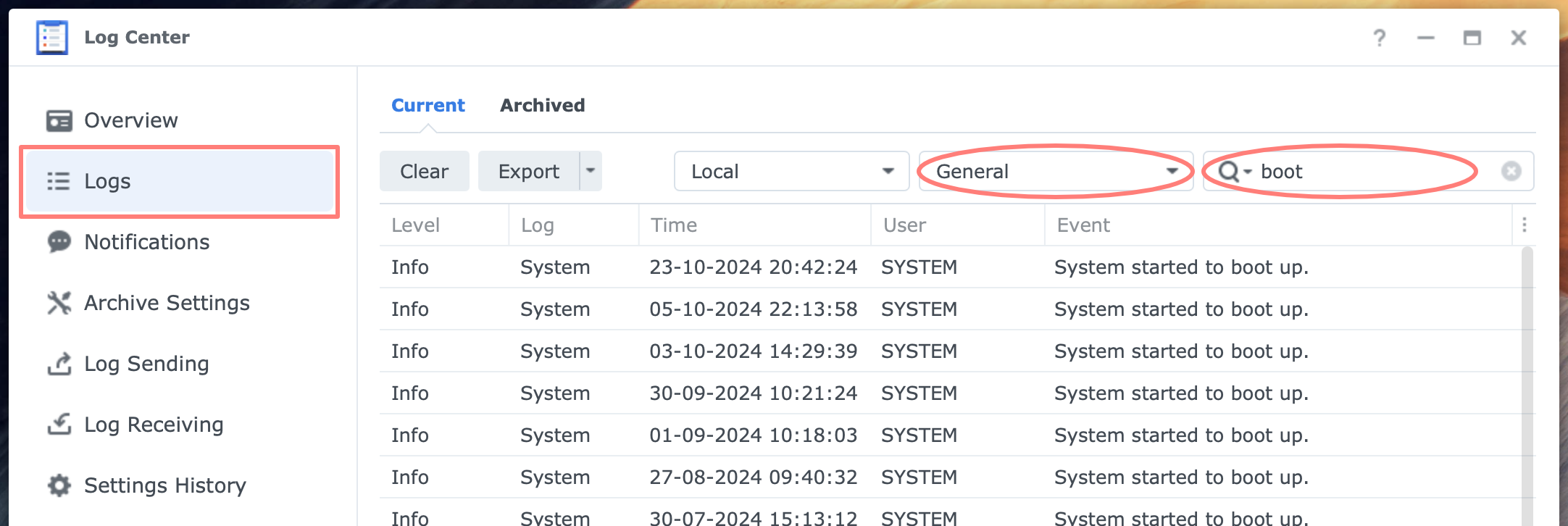 synology, log center, search, dsm7