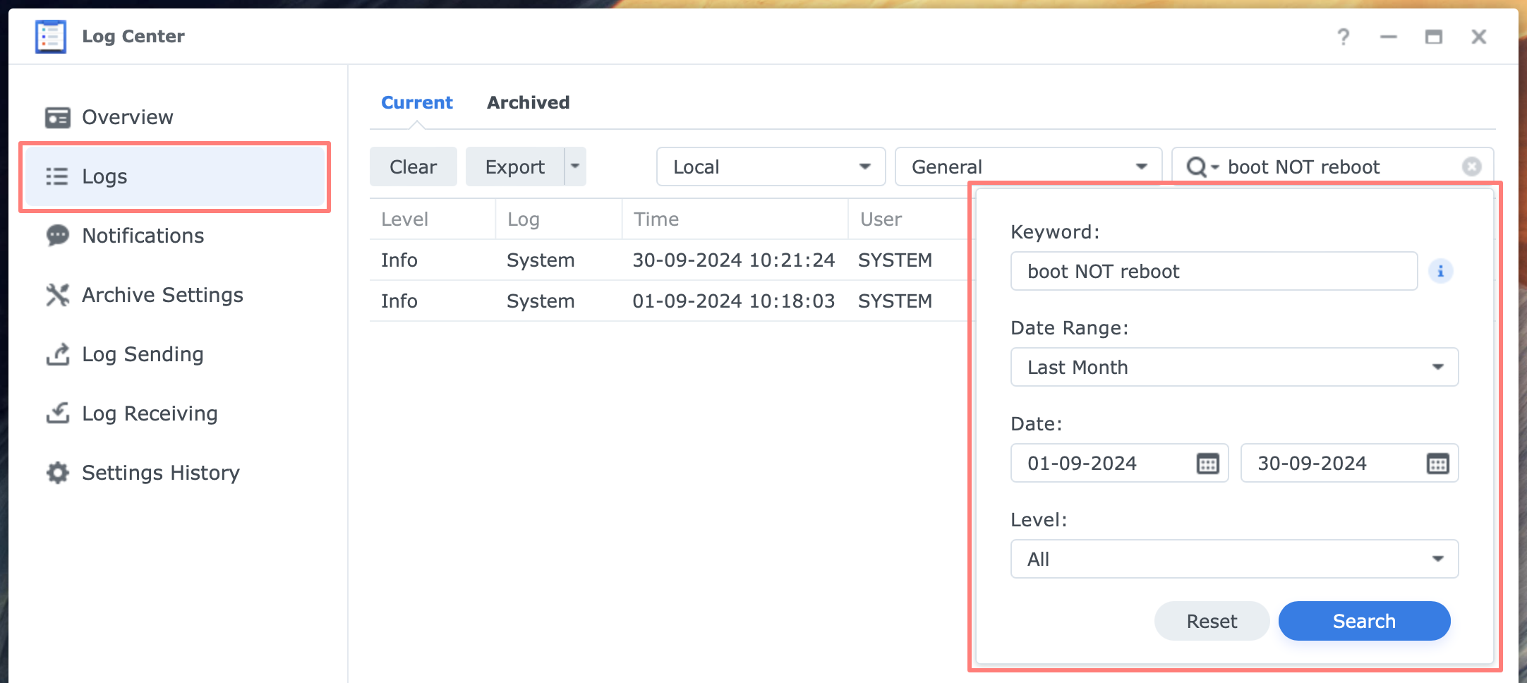 synology, log center, search, dsm7