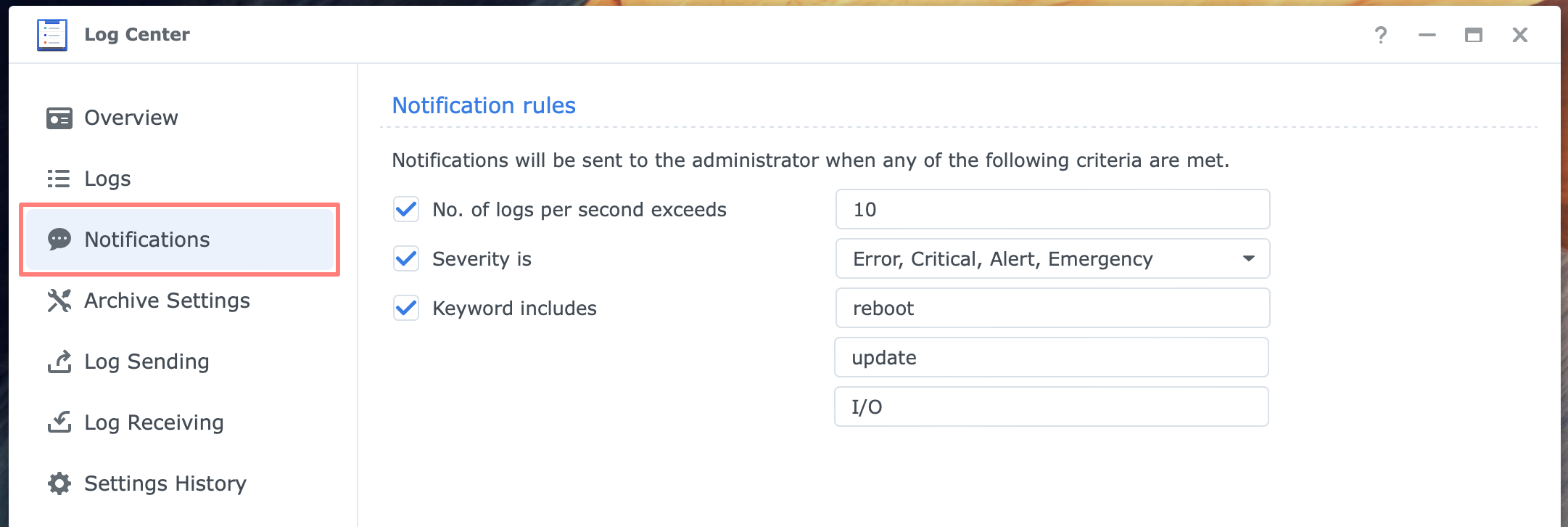 synology, log center, notifications, dsm7