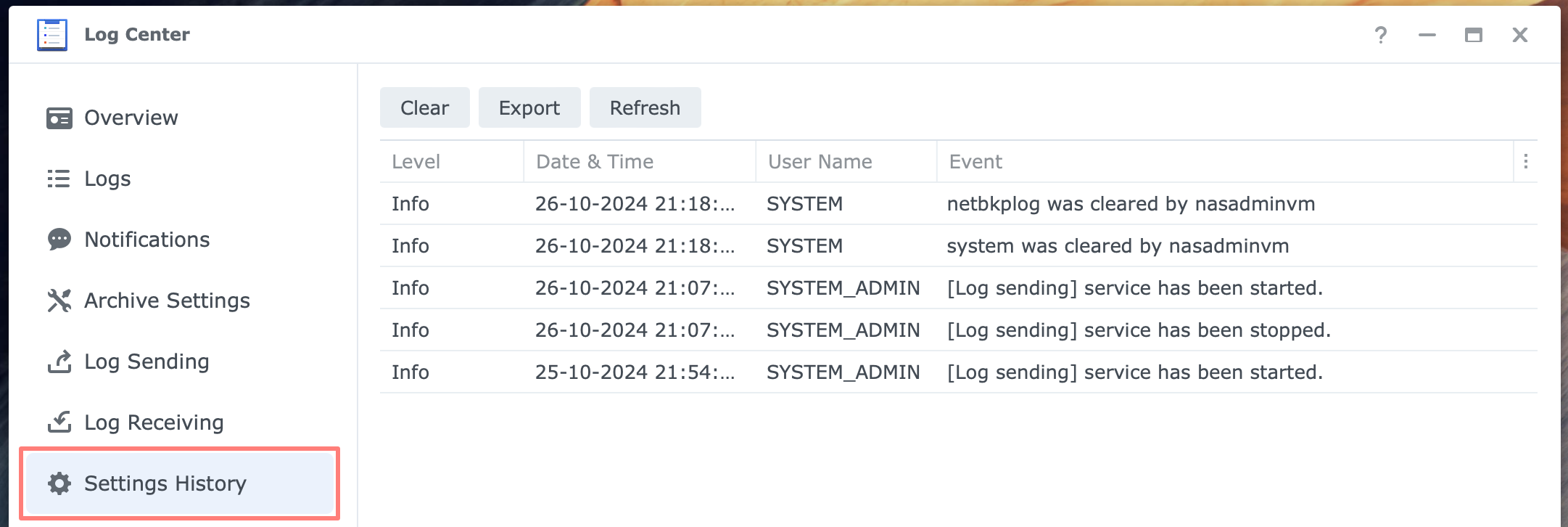 synology, log center, settings history, dsm7