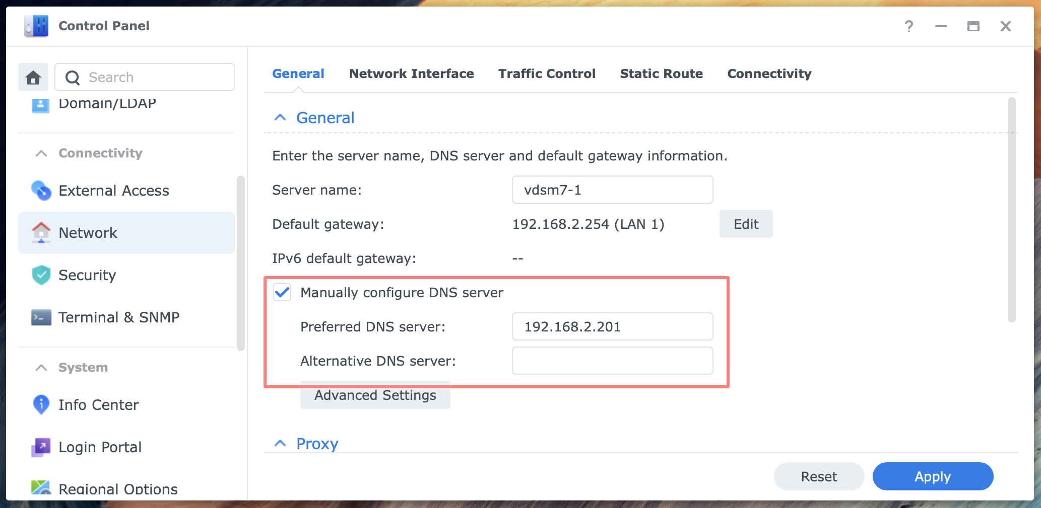 synology, control panel, network, manual dns settings, dsm7