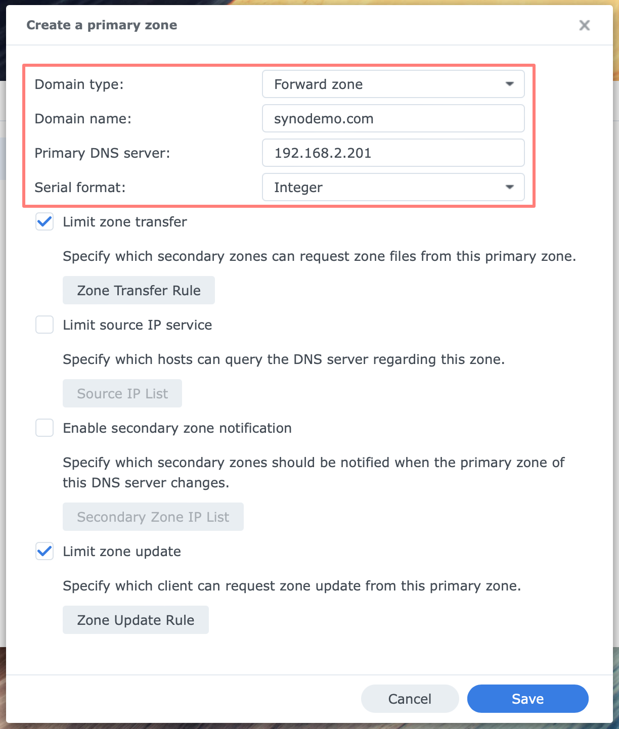 synology, dns server, create primary zone, dsm7