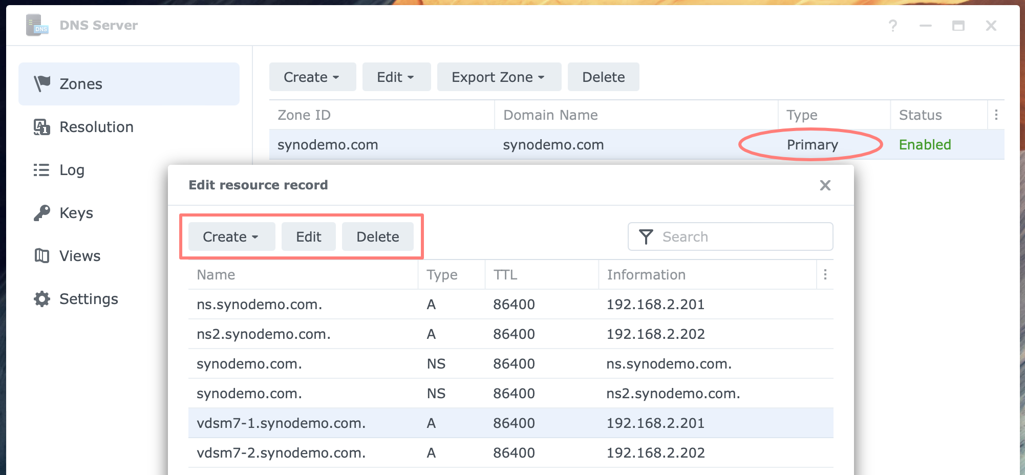 synology, dns server, resource records, primary zone, dsm7