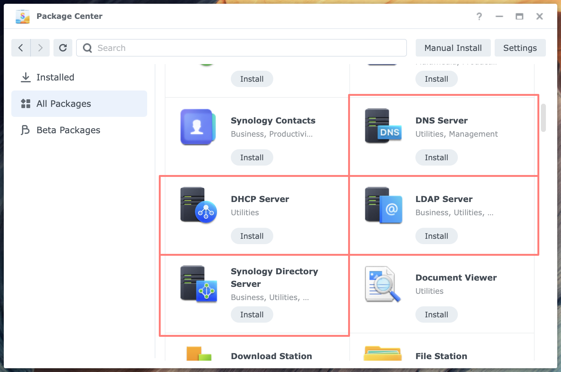 synology, package center, dns server, dhcp server, ldap server, synology directory server